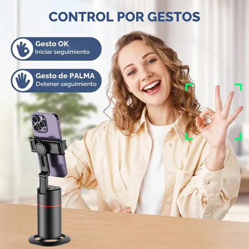 Vista 5 de Trípode de seguimiento facial automático, sin aplicación, soporte inteligente para teléfono con control remoto, rotación de 360°, soporte para Negro