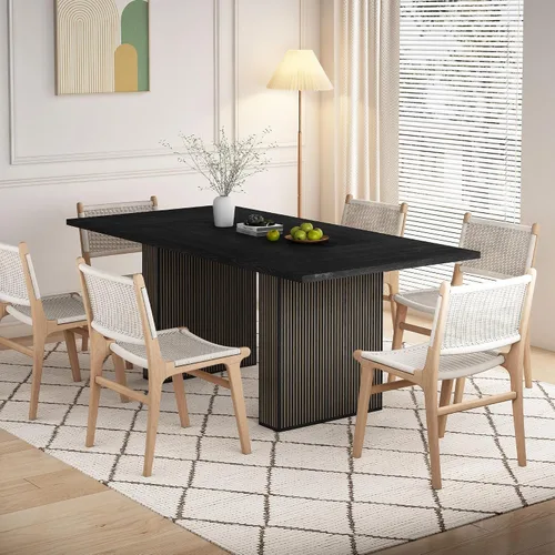 Vista 7 de Mesa de comedor rectangular de 198 cm para 6 a 10 personas, mesa de cocina estilo granja con estrías, mesa larga de madera moderna para cocina