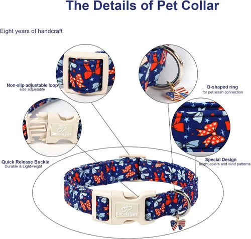 Vista 12 de Collar para perros del 4 de julio, collares patrióticos azules para cachorros y perros pequeños, ligero y ajustable 1776 collares para cachorros