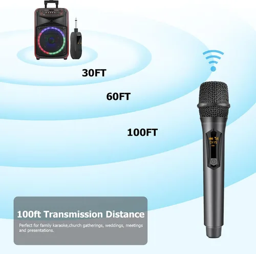 Vista 4 de Aveek Micrófono Inalámbrico para Karaoke, Micrófono de Karaoke Recargable de 2.4GHz (Funciona 10hs), para Altavoz, Máquina de Karaoke, Iglesia, Gris