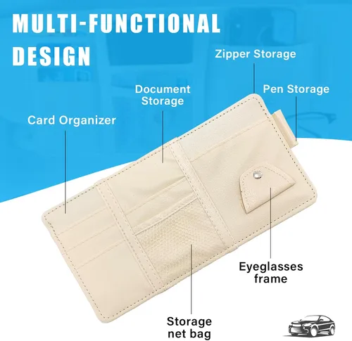 Vista 4 de Augeny Organizador de visera solar para automóvil, bolsa de almacenamiento de pertenencias personales de cuero con cremallera, bolsa