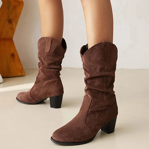 Vista 3 de Botines de gamuza sintética con tacón medio para mujer, con puntera redonda, sin cordones, botas cortas