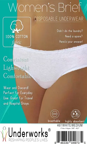 Vista 2 de Underworks Paquete de 20 ropa interior desechable 100% algodón para mujer, para viajes, estancias en hospital, emergencias