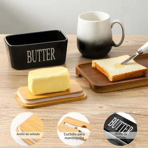 Vista 5 de Hasense Mantequillera con Tapa, Plato de Mantequilla de Cerámica con Cuchillo para Encimera, Recipiente Hermético Cubierto para Mantener Negro