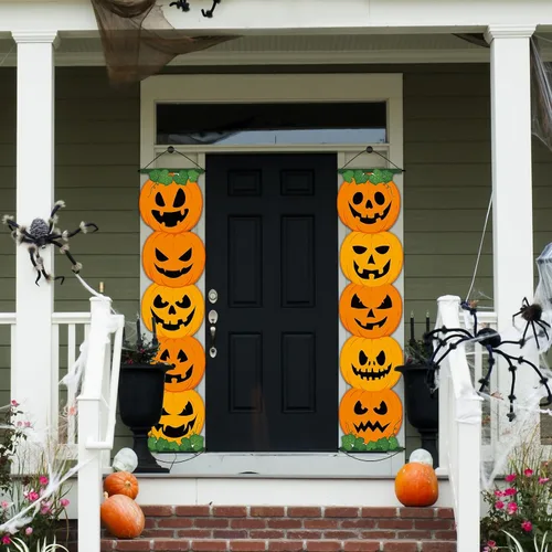 Vista 6 de 2 carteles de calabaza de Halloween para porche, decoración de fiesta de Halloween, cartel de truco o trato, letrero de puerta colgante de calabaza