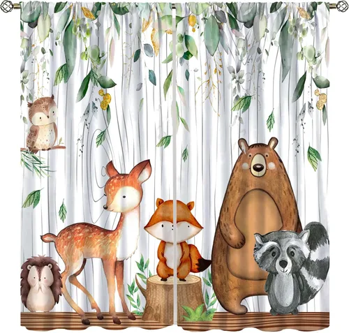 Vista 34 de YCness Cortinas para niños y niñas, diseño de animales de la selva, bosque de otoño, dibujos animados, ciervos, conejos, zorros, búhos, cortinas
