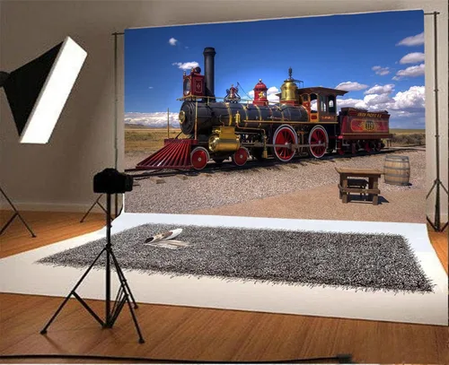Vista 3 de Yeele Telones de fondo de fotos clásicos de tren de vapor de 12 x 8 pies, vinilo vintage vías de ferrocarril, locomotora para adultos, retratos