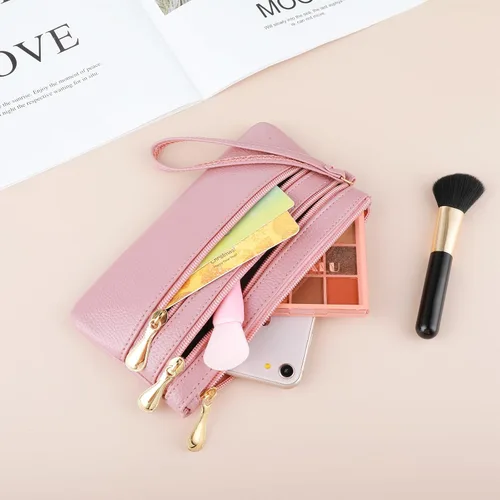 Vista 7 de Bolso de mano de pulsera, de cuero suave, largo con múltiples bolsillos, con correa, cartera portátil para mujer
