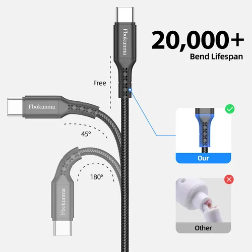 Vista 5 de Cable USB C a USB C de 1.6 pies, paquete de 3 cables USBC a USBC de 65 W, cable de carga tipo C a C de 20 pulgadas, carga rápida para iPhone 16 15