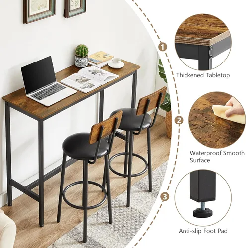 Vista 4 de Juego de mesa de comedor de 3 piezas para 2, mesa de bar moderna y sillas para cocina de espacio pequeño, juego de comedor rectangular de madera