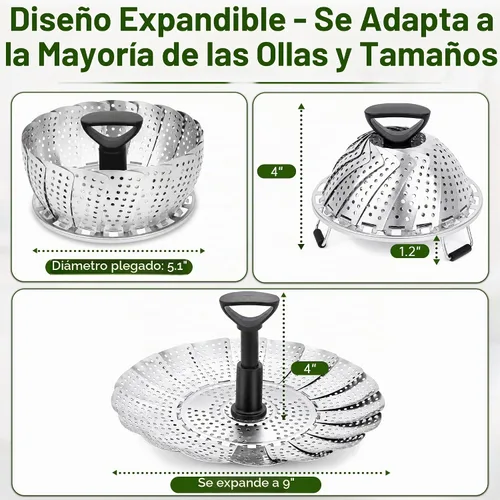 Vista 2 de Cesta de vapor para olla, cesta de vapor de verduras de acero inoxidable para cocinar con diseño plegable expandible y mango extensible, se adapta a