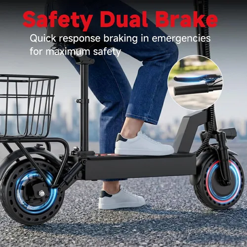 Vista 6 de WERHY 500W Electric Scooter with Seat and Basket, Front and Rear Suspension Negro