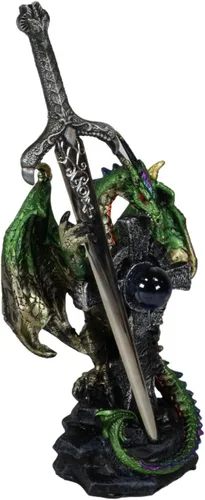 Vista 6 de Ebros Gift Legendario dragón celta metálico verde tierra sosteniendo una cruz alta con orbe azul y garra draconiana, abrecartas figurita