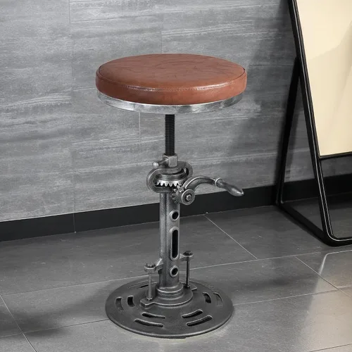 Vista 2 de Topower American Antique Industrial DIY Crank Taburete Base de Hierro Fundido Taburete de Bar Diseño Metal Altura Ajustable Bar Silla PU Asiento