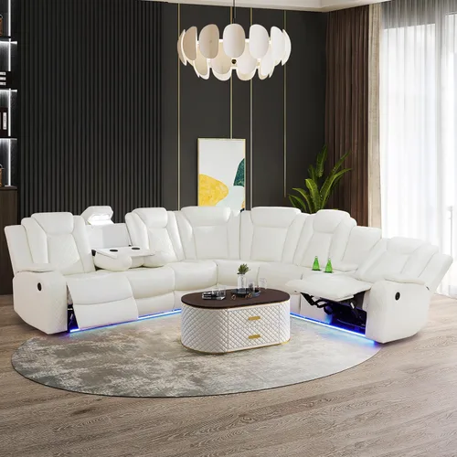 Vista 22 de Juego de sofá modular reclinable eléctrico con luz LED, juego de sofá modular reclinable de cuero, incluye sillón reclinable individual, juego
