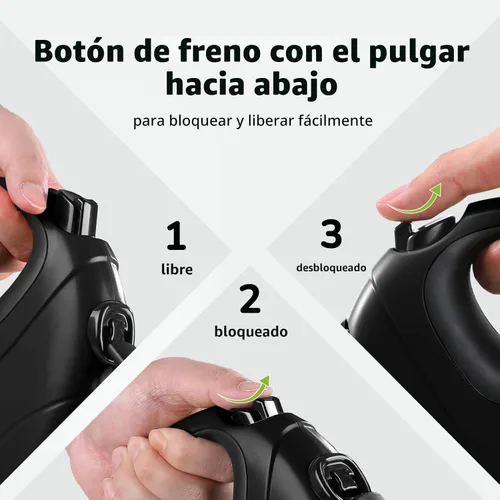 Vista 5 de Pecute Correa retráctil para perro de 32 pies con tiras reflectantes, sin enredos de 360°, control de un botón y material de nailon resistente