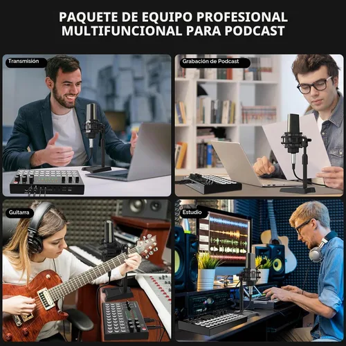 Vista 9 de RHM M9 Paquete de equipo de podcast, interfaz de audio todo en uno con micrófono y auriculares, 13 efectos de sonido, soporte para cambio