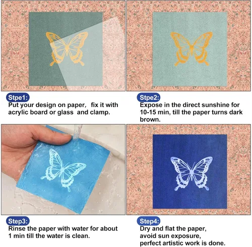 Vista 7 de Juego de 60 piezas de papel de impresión solar, papel cianotipo, papel de arte solar de 3.9 x 3.9 pulgadas con 2 herramientas de plástico