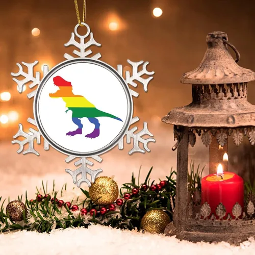 Vista 3 de Regalos de recuerdo de Navidad gay, copo de nieve de metal, decoración para árbol de Navidad, dinosaurio LGBTQ, adornos para árbol de Navidad