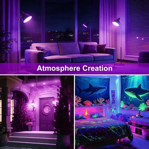 Vista 6 de Kapata Bombilla LED UV negra de 15 W, ahorro de energía, luces negras UV, nivel UVA 395-400 nm, brilla en la oscuridad, equivalente a luz