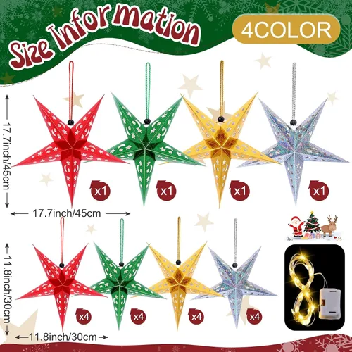 Vista 2 de Hortsun Juego de 20 faroles de papel de Navidad con forma de estrella, 2 tamaños, 17.7 y 11.8 pulgadas, adornos colgantes de Navidad, pantalla 3D