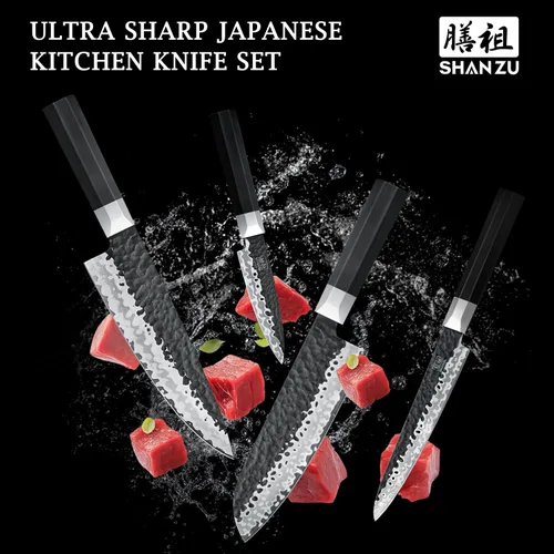 Vista 5 de SHAN ZU Juego de Cuchillos Japoneses de 7 Piezas - 7 Capas 10Cr15MoV Juego de Cuchillos de Cocina de Acero con Alto Contenido de Carbono con Bloque