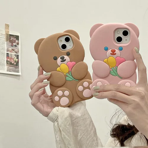 Vista 6 de Fundas de teléfono Kawaii para iPhone 6 Plus/7 Plus/8 Plus, linda funda de teléfono de oso de dibujos animados con flor, funda de teléfono de oso