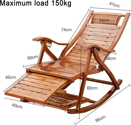 Vista 4 de Mecedora de bambú plegable de jardín para tumbonas de ancianos, silla de terraza con cojín, estable y ergonómica de madera, silla de jardín