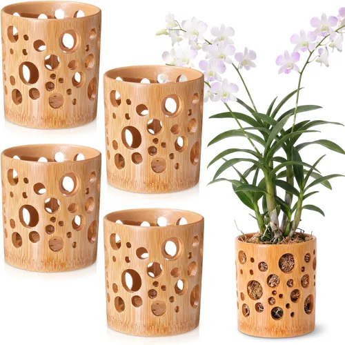 Vista 11 de Paquete de 2 macetas de bambú, maceta redonda transpirable de 4 pulgadas con diseño hueco para un flujo de aire óptimo, orquídea marrón claro
