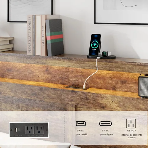 Vista 4 de Armazón de cama de madera tamaño King con cabecero - Plataforma de cama rústica estilo granja con soporte de listones de metal, resistente y sin