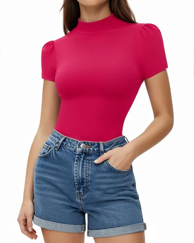 Vista 28 de MANGOPOP - Camiseta de cuello alto falso de manga 3/4 ajustada para mujer 03 Negro