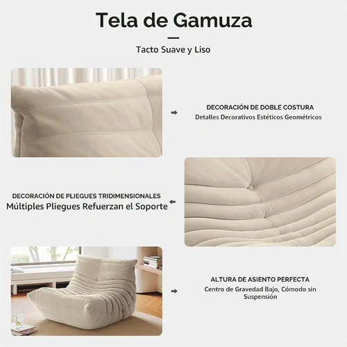 Vista 4 de Silla Fireside, sofá de suelo de mediados de siglo, silla de gamuza suave, sofá perezoso para sala de estar, dormitorio, oficina, 1 asiento, blanco