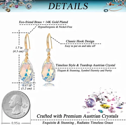 Vista 4 de Aretes colgantes de lágrima de cristal austriaco para mujer, chapados en oro de 14 quilates, hipoalergénicos, regalos de joyería para mujeres