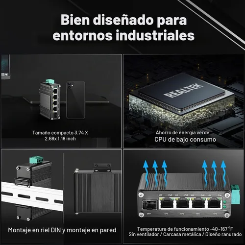 Vista 7 de MokerLink Interruptor PoE industrial de 5 puertos Gigabit con batería solar UPS, entrada DC9V-54V a salida DC48V, IEEE802.3af/at PoE, tamaño mini
