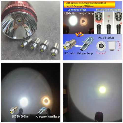 Vista 4 de Bombilla LED de repuesto para linterna 4CD, 4 celdas, 6-24 voltios, 18 voltios, 19.2 voltios, kit de conversión, linternas, bombilla, P13.5S PR2 3W