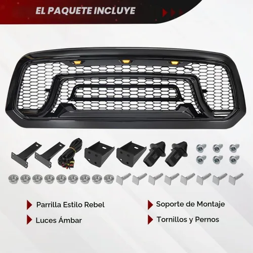 Vista 6 de Rejilla frontal negra brillante compatible con Dodge Ram 1500 2013-2018, Ram 1500 Classic 2019-2023, con luces ámbar (sin letra "RAM")