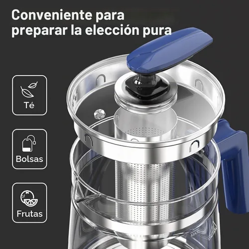 Vista 3 de Hervidor eléctrico, 1.5 L, vidrio borosilicato, hervidor de agua caliente eléctrico y tetera para café o té, sin BPA, apagado automático, acero Azul