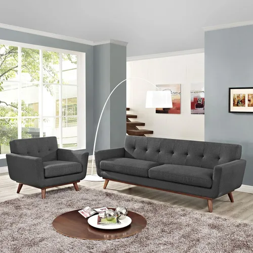 Vista 6 de Modway Engage - Sillón de una pieza tapizado con tela y sofá de dos piezas de estilo de mediados de siglo, Tela, Gris