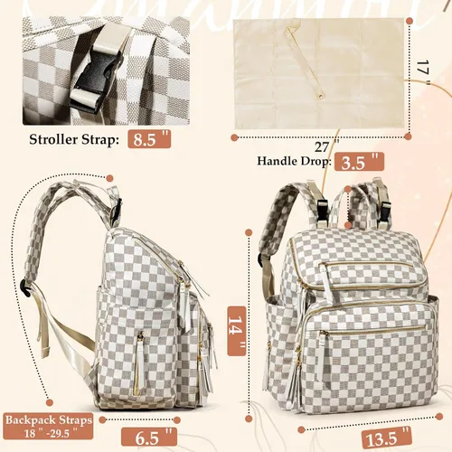 Vista 5 de Omanmoli Bolsa de pañales a cuadros, mochila grande de cuero para pañales con 17 bolsas organizadoras, cambiador, correas para cochecito, 4 Beige