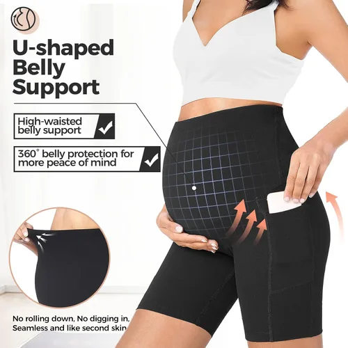 Vista 2 de Buauty Pantalones cortos de maternidad para mujer con bolsillos sobre el vientre, yoga, correr, atletismo, embarazo, pantalones cortos de descanso
