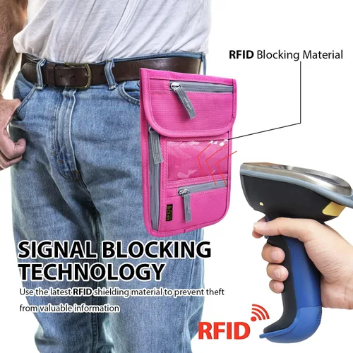 Vista 4 de Cartera de viaje para el cuello, con bloqueo RFID, soporte para pasaporte con correa ajustable para el cuello para hombres y mujeres para mantener