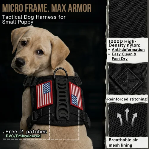 Vista 6 de Arnés táctico para perro pequeño, a prueba de escapes, chaleco militar para perro con mango vertical, arnés ajustable XS para cachorros con Negro
