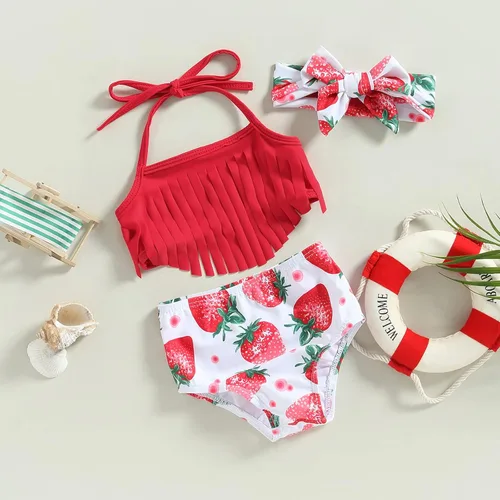 Vista 2 de Yccutest Traje de baño de flores para bebé, 3 piezas, parte superior triangular, parte inferior con volantes, sombrero para el sol, conjunto