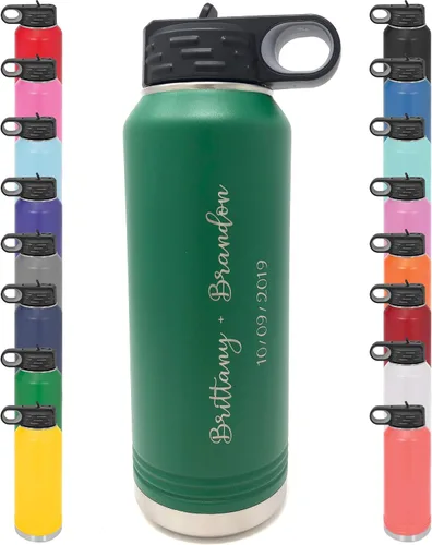 Vista 7 de Botella de agua personalizada con recubrimiento en polvo de 32 onzas, de acero inoxidable con doble pared aislada al vacío, grabado personalizado