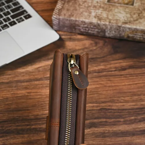 Vista 50 de Genuino Caballo Loco Cuero Regalo de Viaje Moneda Bolsillo Tarjetero Organizador Largo Cadena Rfid Cartera Monedero Con Broche Para Hombres Hombres