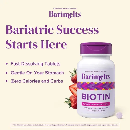 Vista 8 de Vitaminas BariMelts Biotin, sin azúcar, naturales, sabor fresa, en cápsulas masticables de absorción rápida, 90