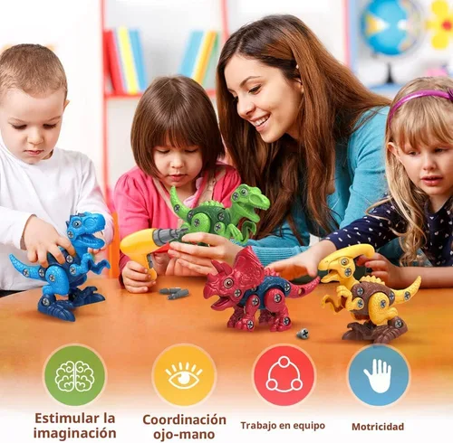 Vista 6 de Juguetes de dinosaurio para niños de 3, 4, 5, 6, 7 años, juguetes desmontables con taladro eléctrico para niños, juguete educativo de construcción