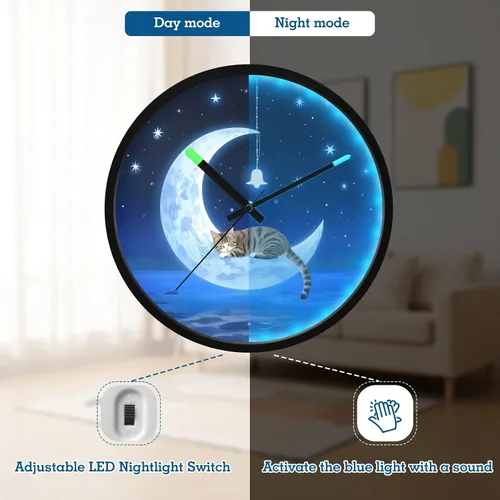 Vista 5 de Round Wall Clock Cat Wind Chimes 12 Inch Non-Ticking Silent Modern Decor Clock for Home Office