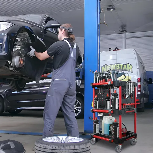 Vista 7 de Carrito de Detallado de Automóviles con Ruedas – Organizador Utilitario Móvil Resistente de 3 Niveles para Lavado de Autos y Reparaciones