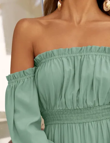 Vista 92 de ZESICA - Vestido largo, bohemio y sexy, con hombros descubiertos y manga larga fruncida, con elástico fruncido, cintura alta y abertura lateral